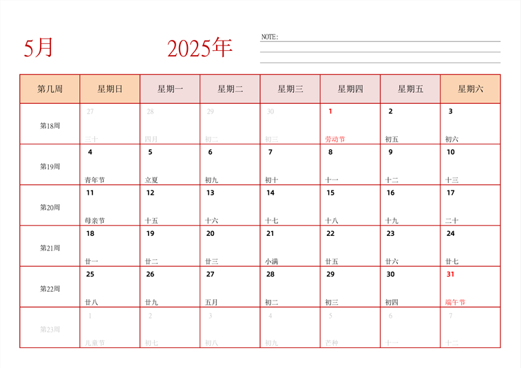 2025年日历台历 中文版 横向排版 带周数 周日开始